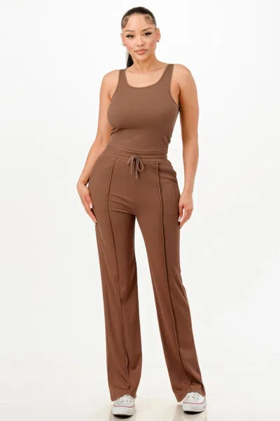 Fashnzfab Women's Ribbed Tank Top And Pant Set In Brown