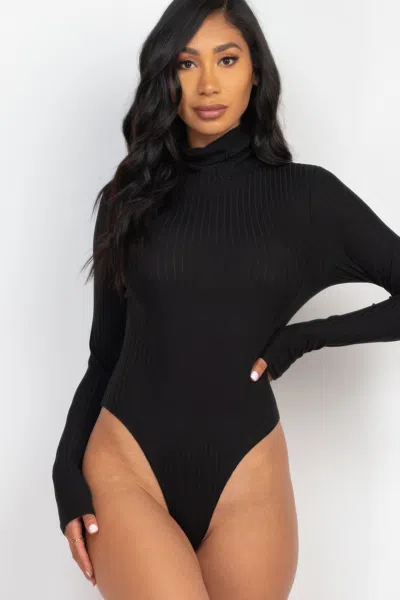 Fashnzfab Women's Ribbed Turtle Neck Long Sleeve Bodysuit In Black