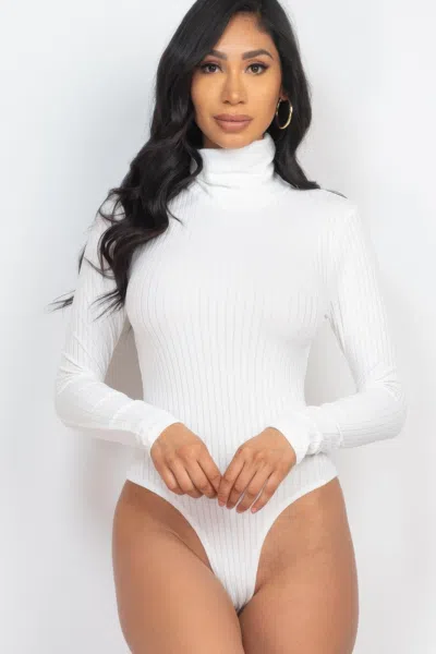 Fashnzfab Women's Ribbed Turtle Neck Long Sleeve Bodysuit In White