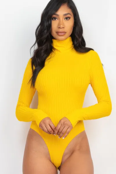 Fashnzfab Women's Ribbed Turtle Neck Long Sleeve Bodysuit In Yellow