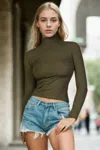 Fashnzfab Women's Ribbed Turtleneck Long Sleeve Top In Black