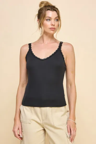 Fashnzfab Women's Ribbed V-neck Lace Trim With Strap Tank Top In Black