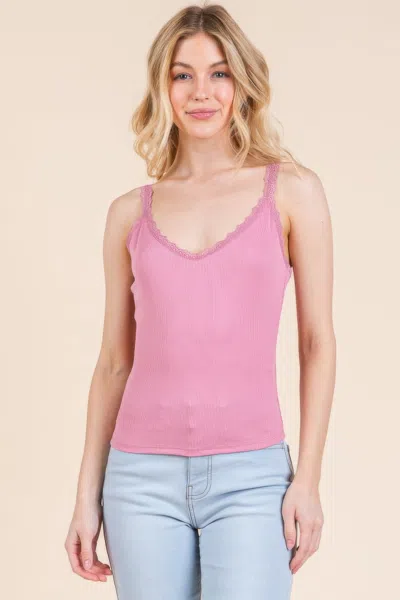 Fashnzfab Women's Ribbed V-neck Lace Trim With Strap Tank Top In Pink