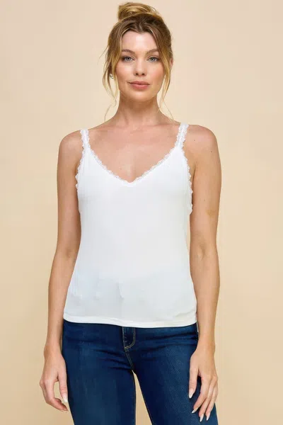 Fashnzfab Women's Ribbed V-neck Lace Trim With Strap Tank Top In White