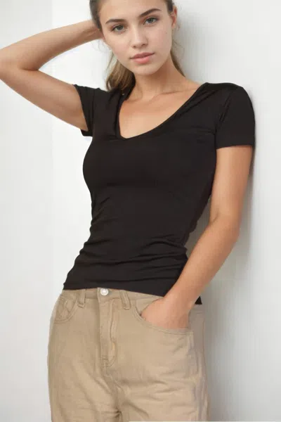 Fashnzfab Women's Ribbed V-neck Short Sleeve Top In Black