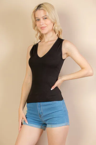 Fashnzfab Women's Ribbed V-neck Sleeveless Top In Black