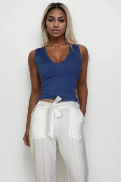 Fashnzfab Women's Ribbed V-neck Sleeveless Top In Blue