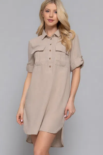 Fashnzfab Women's Roll Up Short Slv Straight Linen Effect Mini Dress In Beige