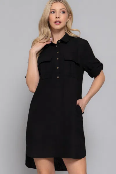 Fashnzfab Women's Roll Up Short Slv Straight Linen Effect Mini Dress In Black