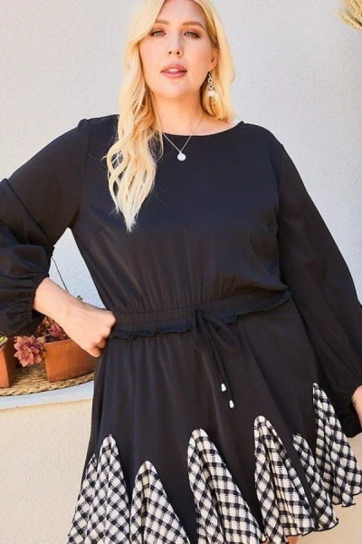 Fashnzfab Women's Round Neck 3/4 Bubble Sleeve Gingham Ruffle Romper In Black