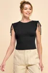 Fashnzfab Women's Ruching Shoulder Ribbed Top In Black