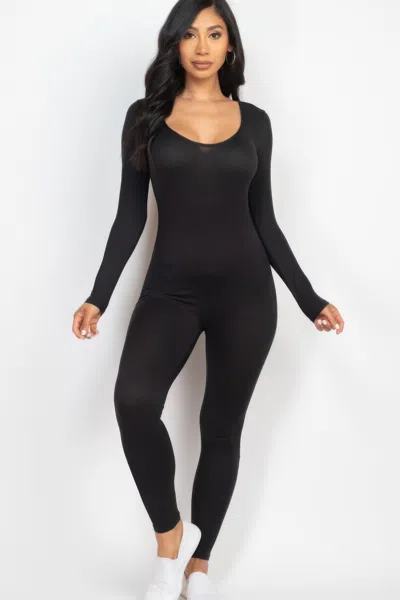 Fashnzfab Women's Scoop Neck Long Sleeve Bodycon Jumpsuit In Black