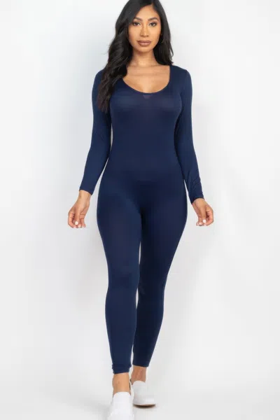 Fashnzfab Women's Scoop Neck Long Sleeve Bodycon Jumpsuit In Blue
