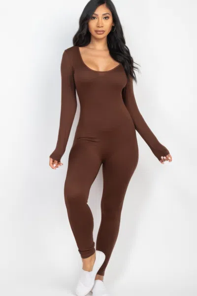 Fashnzfab Women's Scoop Neck Long Sleeve Bodycon Jumpsuit In Brown