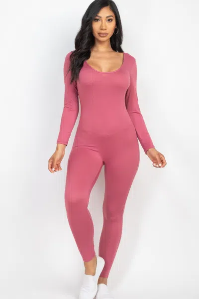 Fashnzfab Women's Scoop Neck Long Sleeve Bodycon Jumpsuit In Pink