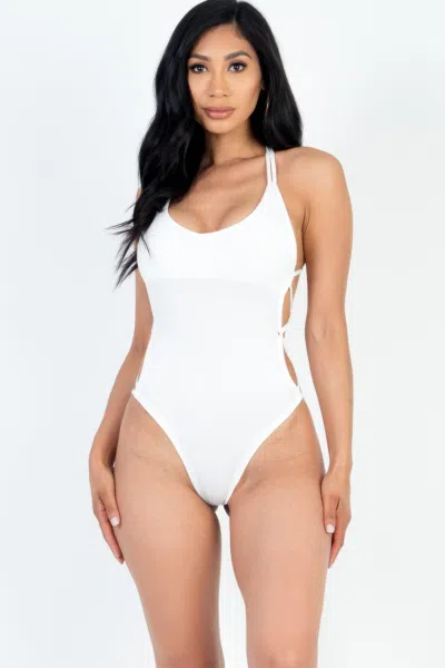 Fashnzfab Women's Sexy Solid Color Crisscross Back V-neck Bodysuit In White