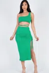 Fashnzfab Women's Sexy Solid Color One Shoulder Crop Top & Drawstring Ruched Crisscross Tie Back Side Slit Hem In Green