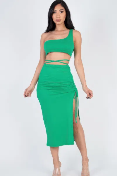 Fashnzfab Women's Sexy Solid Color One Shoulder Crop Top & Drawstring Ruched Crisscross Tie Back Side Slit Hem In Green
