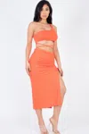 Fashnzfab Women's Sexy Solid Color One Shoulder Crop Top & Drawstring Ruched Crisscross Tie Back Side Slit Hem In Orange