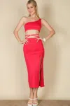 Fashnzfab Women's Sexy Solid Color One Shoulder Crop Top & Drawstring Ruched Crisscross Tie Back Side Slit Hem In Pink