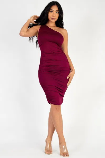 Fashnzfab Women's Sexy Solid Color Ruched One Shoulder Midi Bodycon Dress In Pink