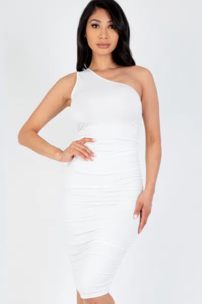 Fashnzfab Women's Sexy Solid Color Ruched One Shoulder Midi Bodycon Dress In White