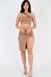 Fashnzfab Women's Sexy Solid One Shoulder Crop Top & Split Thigh Midi Skirt Set In Beige