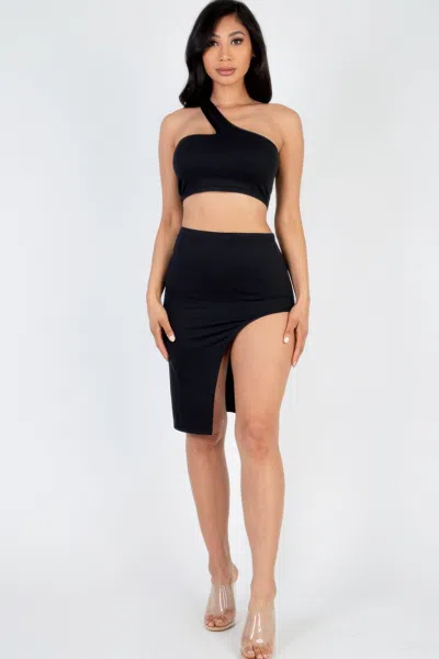 Fashnzfab Women's Sexy Solid One Shoulder Crop Top & Split Thigh Midi Skirt Set In Black