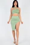 Fashnzfab Women's Sexy Solid One Shoulder Crop Top & Split Thigh Midi Skirt Set In Green
