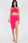 Fashnzfab Women's Sexy Solid One Shoulder Crop Top & Split Thigh Midi Skirt Set In Multi