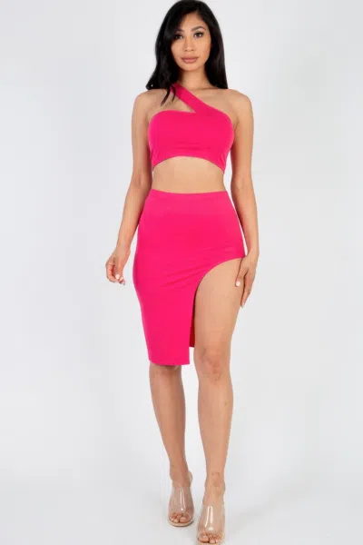 Fashnzfab Women's Sexy Solid One Shoulder Crop Top & Split Thigh Midi Skirt Set In Multi