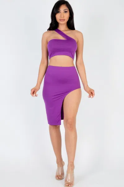 Fashnzfab Women's Sexy Solid One Shoulder Crop Top & Split Thigh Midi Skirt Set In Purple