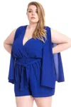 Fashnzfab Women's Shimmer Fabric Draped Open Sleeve Romper In Blue