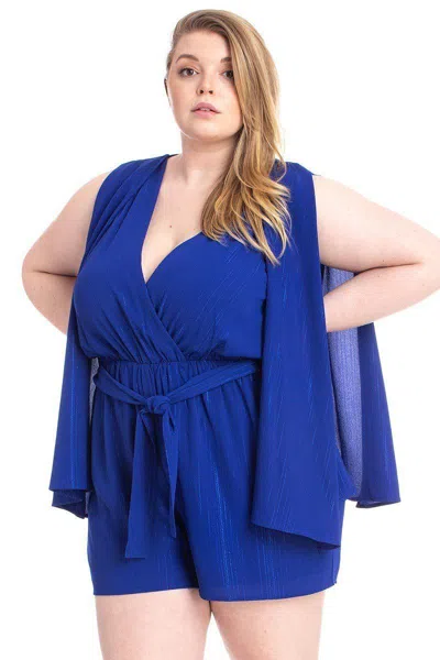 Fashnzfab Women's Shimmer Fabric Draped Open Sleeve Romper In Blue