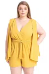 Fashnzfab Women's Shimmer Fabric Draped Open Sleeve Romper In Yellow