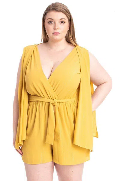 Fashnzfab Women's Shimmer Fabric Draped Open Sleeve Romper In Yellow