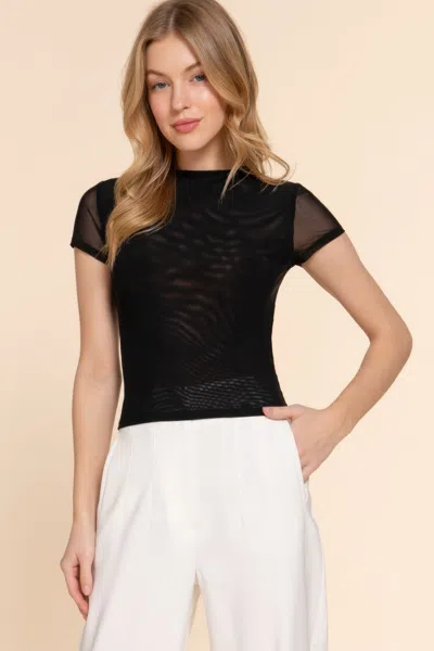 Fashnzfab Women's Short Cap Slv High Neck 2 Ply Mesh Top In Black