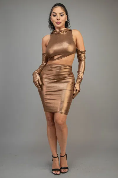 Fashnzfab Women's Short Dress With Gloves & Hoodie In Gold