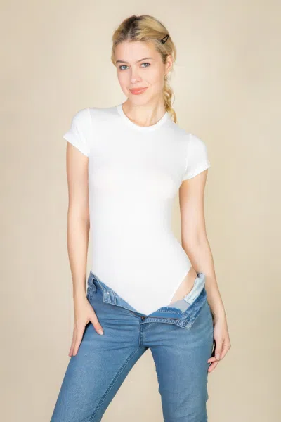 Fashnzfab Women's Short Sleeve Crew Neck Bodysuit In White