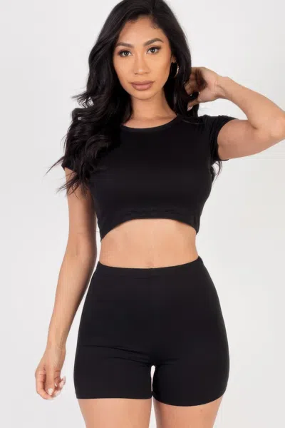 Fashnzfab Women's Short Sleeve Crop Top & Shorts Set In Black