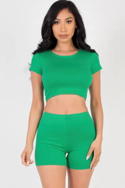 Fashnzfab Women's Short Sleeve Crop Top & Shorts Set In Green