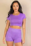 Fashnzfab Women's Short Sleeve Crop Top & Shorts Set In Purple