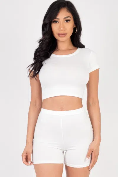 Fashnzfab Women's Short Sleeve Crop Top & Shorts Set In White