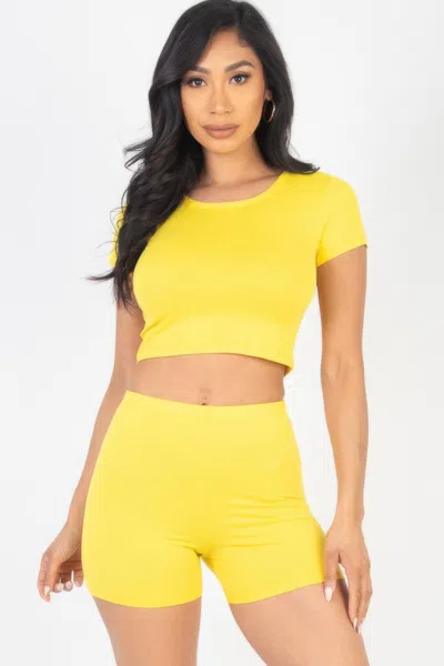 Fashnzfab Women's Short Sleeve Crop Top & Shorts Set In Yellow