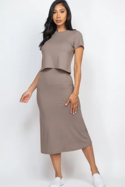 Fashnzfab Women's Short Sleeve Ribbed Top & Midi Skirt Se In Grey