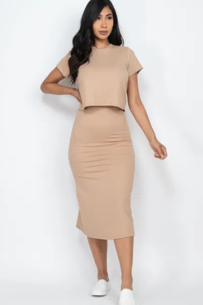 Fashnzfab Women's Short Sleeve Ribbed Top & Midi Skirt Se In Multi