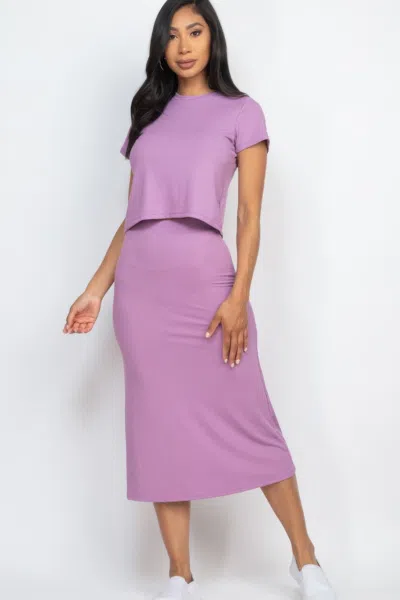 Fashnzfab Women's Short Sleeve Ribbed Top & Midi Skirt Se In Pink