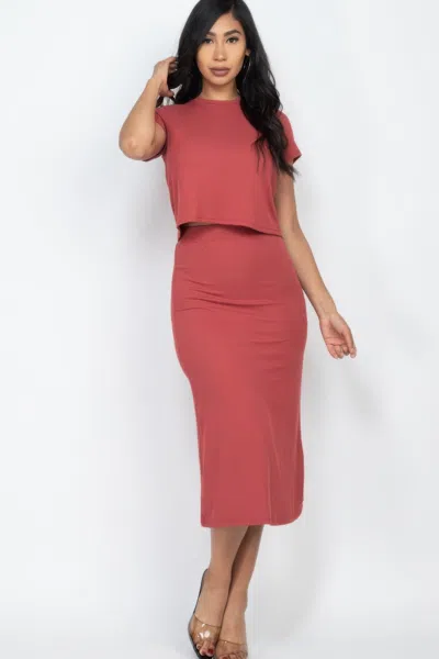 Fashnzfab Women's Short Sleeve Ribbed Top & Midi Skirt Se In Red