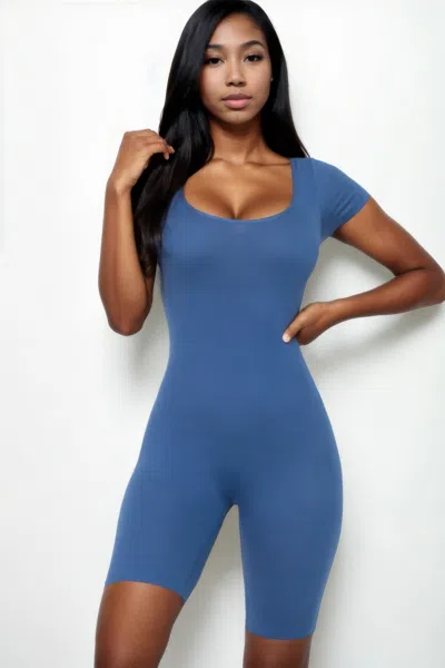 Fashnzfab Women's Short Sleeve Scoop Neck Bodycon Romper In Blue