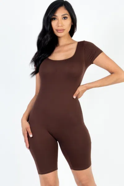 Fashnzfab Women's Short Sleeve Scoop Neck Bodycon Romper In Brown